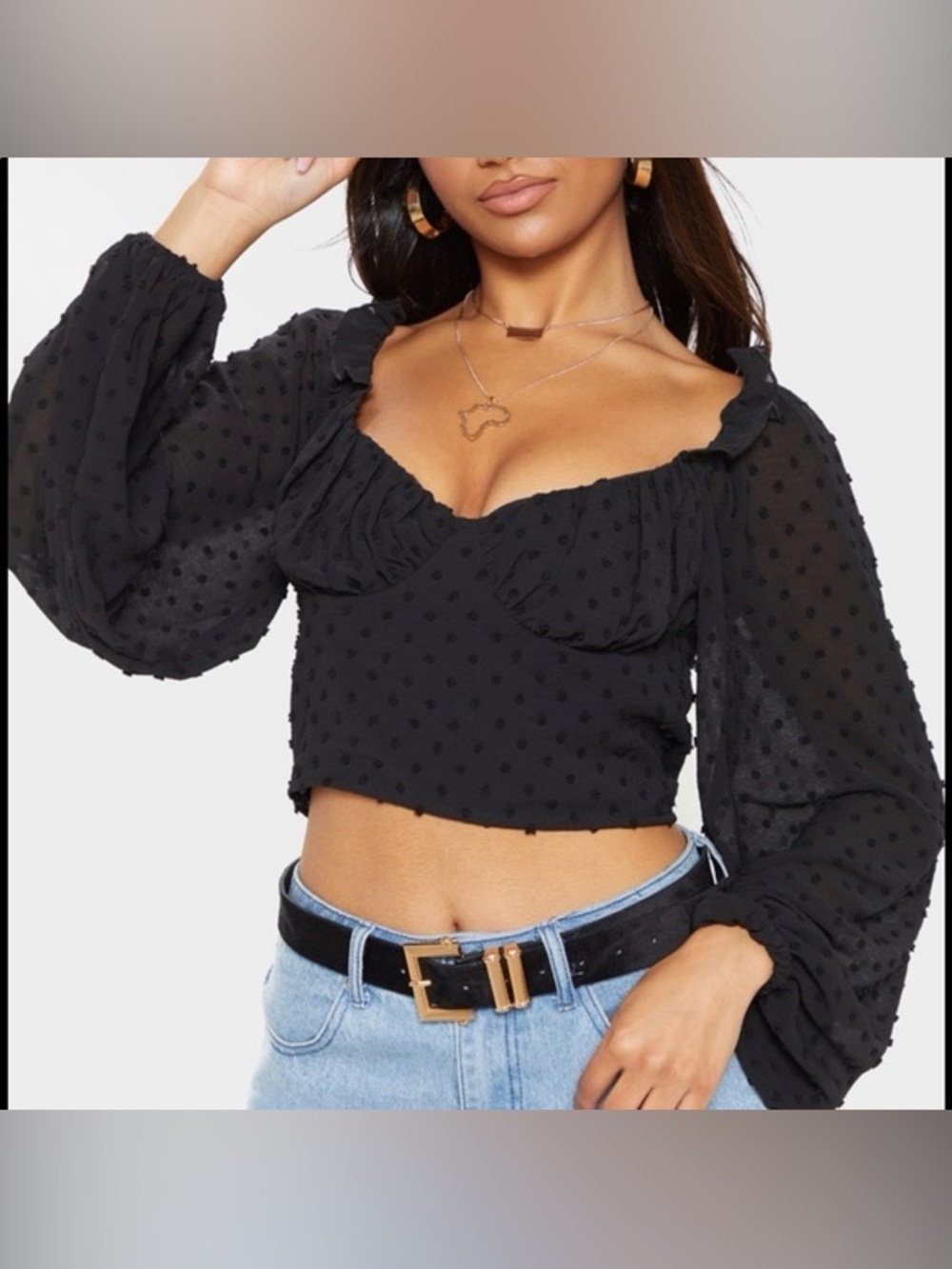 🌸Black Swiss Dot Long Sleeve Crop Top - Unbranded M